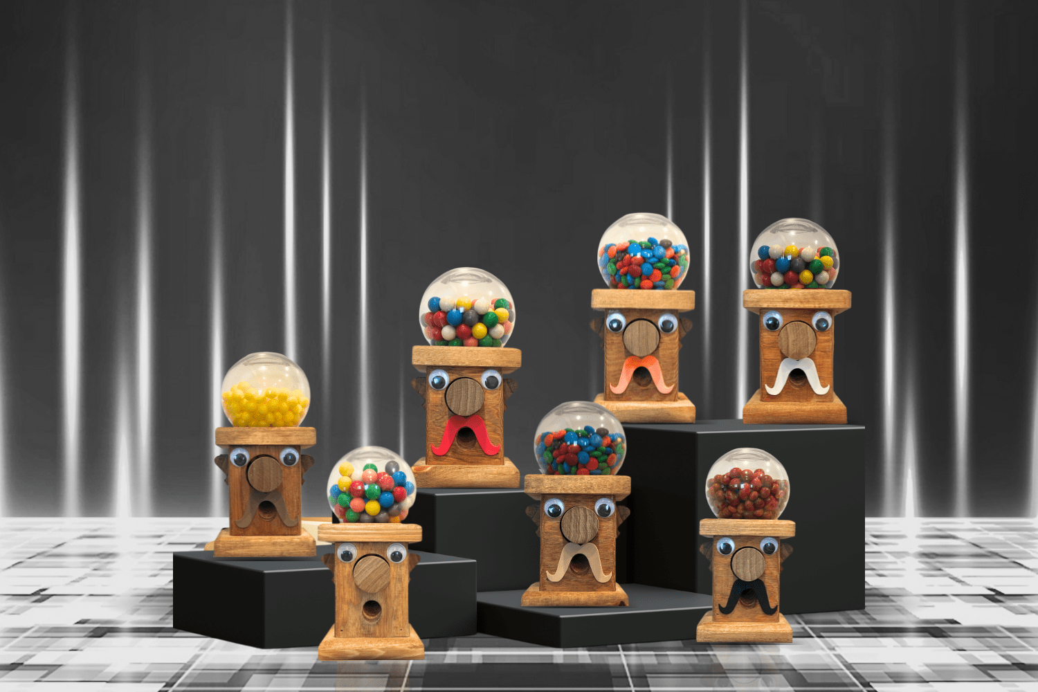 Gumball George display of all 9 Gumball Georges. with 9 fun different color mustaches.